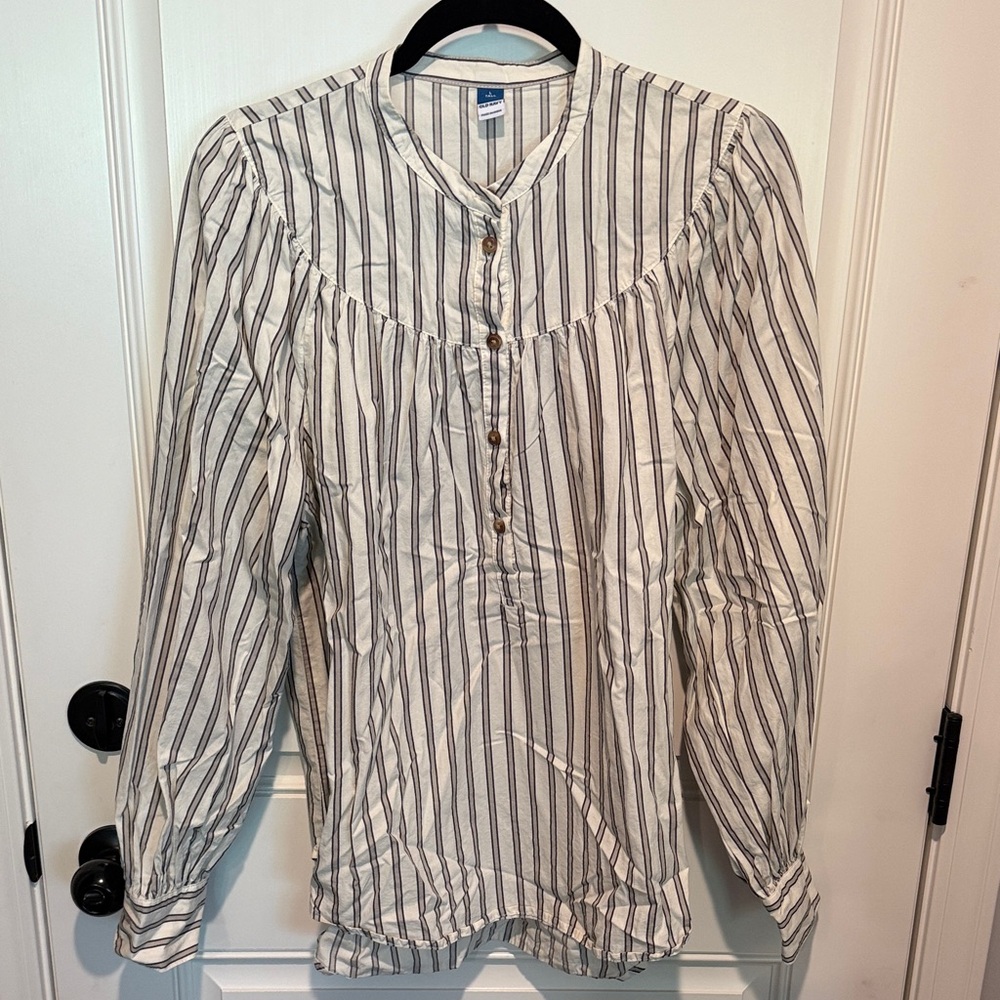 Old Navy White Striped Button-Up Blouse L TALL